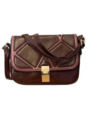 Vintage Deep Chocolate Red Leather-Look Patchwork Shoulder Bag — 9×6×2" EUC